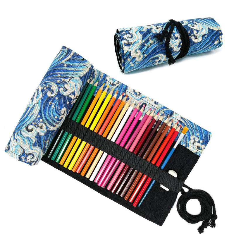 Wrapables Pencil Roll Organizer,  Wrap Pouch (72 slots): Blue Waves
