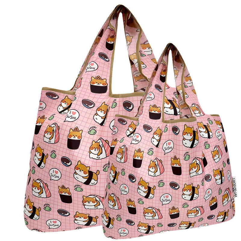 Wrapables Large & Small Foldable Tote Nylon Reusable Grocery Bags, Set of 2: Doggy Sushi