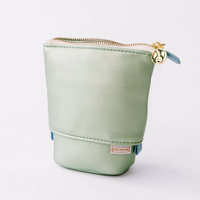 Luxe Standing Pencil Pouch - Metallic Seafoam Green