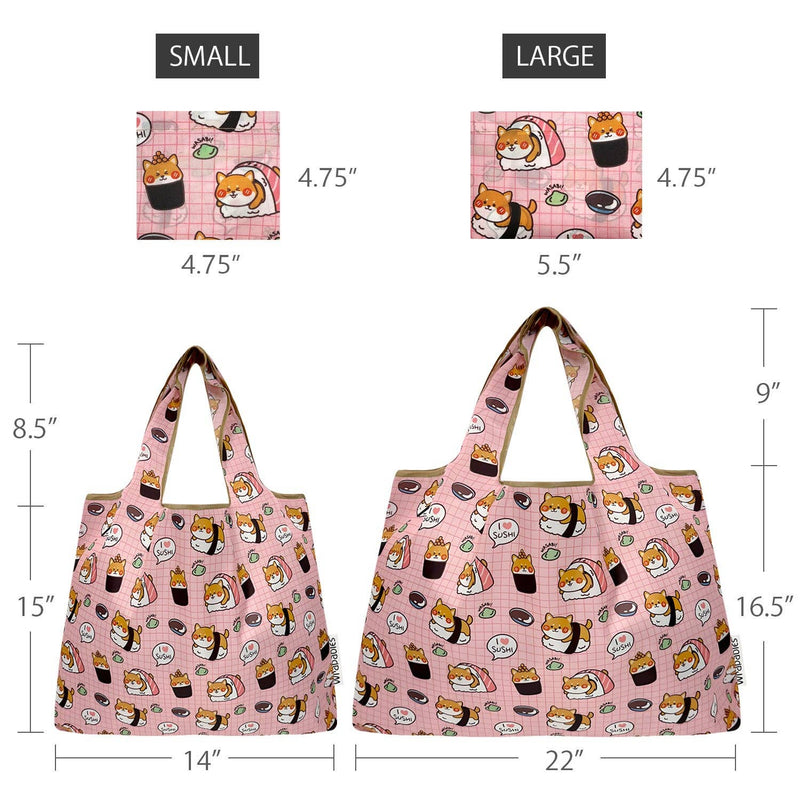 Wrapables Large & Small Foldable Tote Nylon Reusable Grocery Bags, Set of 2: Doggy Sushi