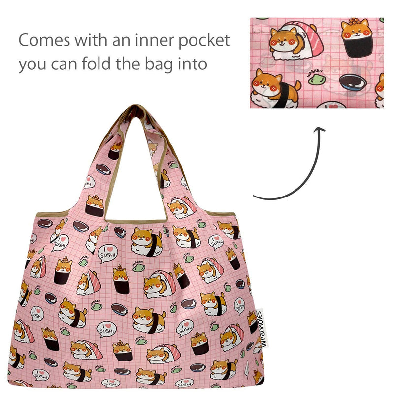 Wrapables Large & Small Foldable Tote Nylon Reusable Grocery Bags, Set of 2: Doggy Sushi