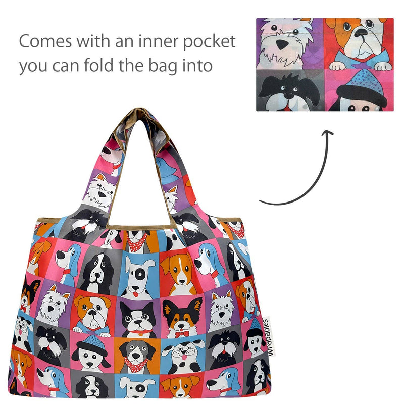 Wrapables Large & Small Foldable Tote Nylon Reusable Grocery Bags, Set of 2: Doggy Sushi