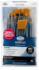 R&L Artist Acrylic Standard Brush Value Pack Gold Taklon 15pcs