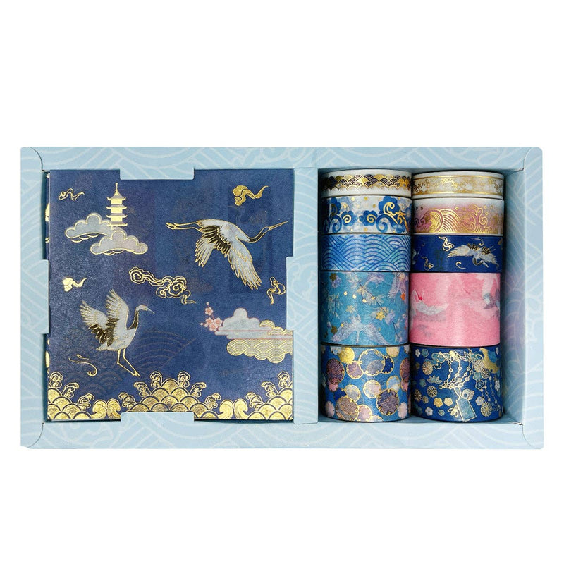 Wrapables Decorative Gold Foil Washi Tape and Sticker Set: Cranes Blue