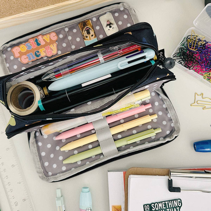 Wrapables Large Capacity Pencil Case, 3 Compartment Pouch: Yellow