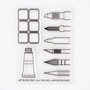 Art Supply Bin - Pens, Brushes, Markers, Paint- 3"x4" Clear Stamp Set (8 stamp designs)
