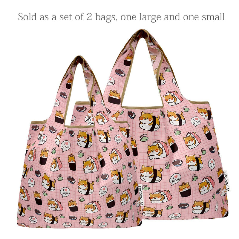 Wrapables Large & Small Foldable Tote Nylon Reusable Grocery Bags, Set of 2: Doggy Sushi