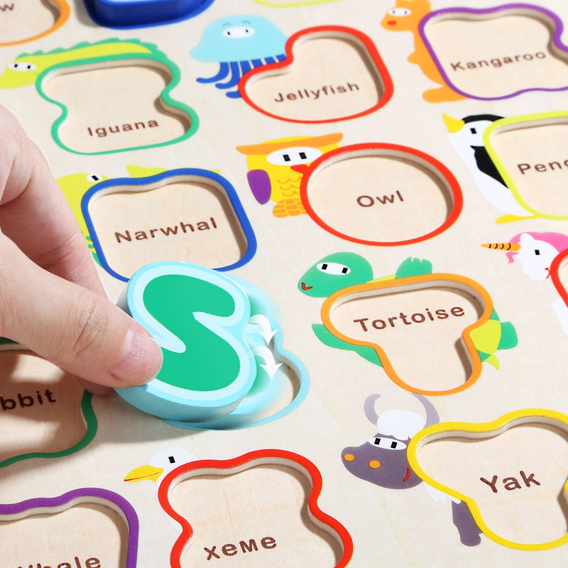 TOP BRIGHT Toys Animals & Alphabet Puzzle Wood close-up hand placing puzzle piece 
