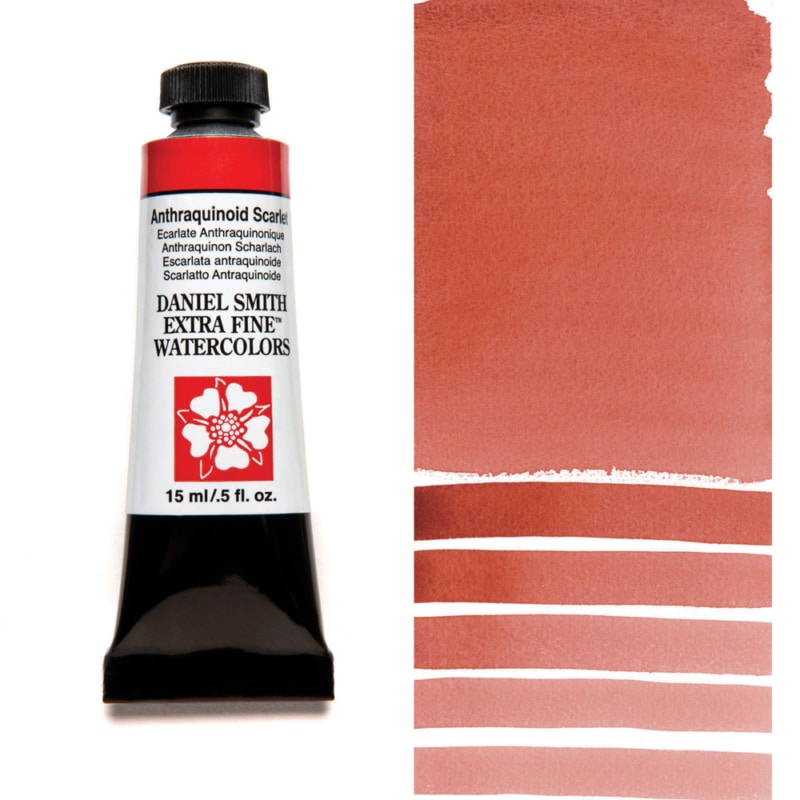 Daniel Smith Extra Fine Watercolors Anthraquinoid Scarlet 15ml Tube closeup with color swatch