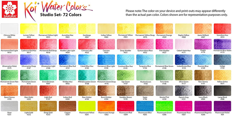 Sakura Koi Water Colors Studio Set Assorted Colors 72pc color chart