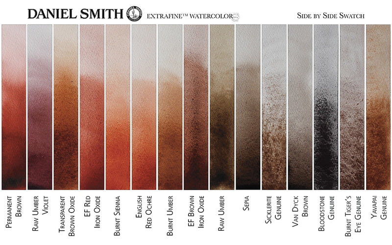 Daniel Smith Extra Fine Watercolors reds & browns side by side color swatch