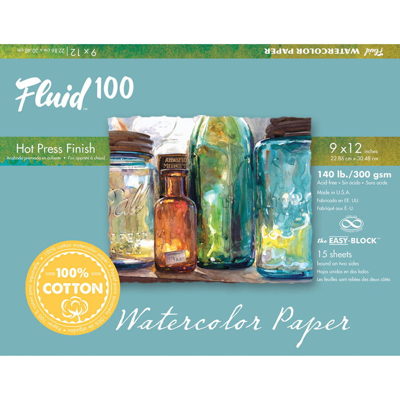 Fluid 100 Watercolor Block 140lb Hot Press 9x12 15sh - Nevada Fine Arts