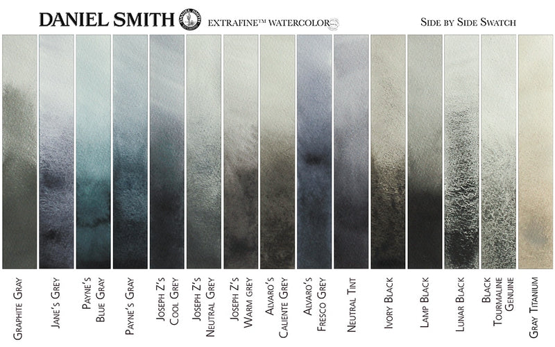 Daniel Smith Extra Fine Watercolors grays & blacks side by side color swatch