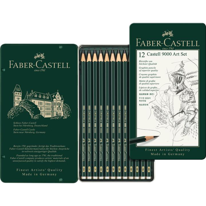 Faber-Castell Castell 9000 Graphite Pencil Art Set 8B-2H 12pc Tin opened