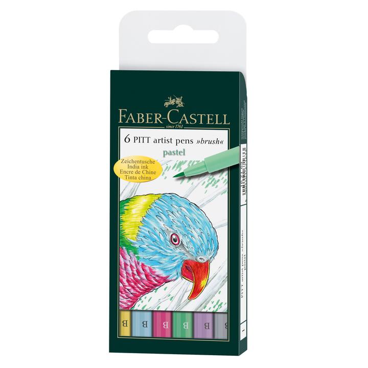 Faber-Castell PITT Artist Pens Set Brush Pastel Assorted Colors 6pc package front and side