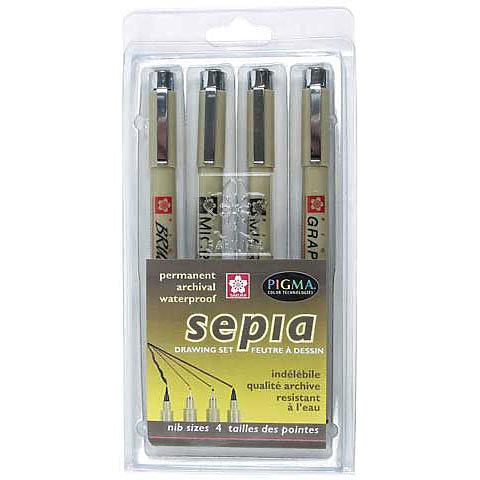 Sepia Pigma Brush, Graphic & Micron 4-Pen Set